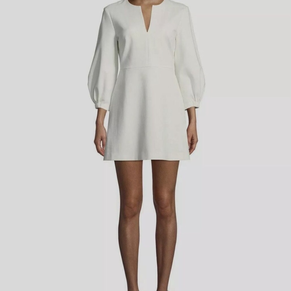 TIBI Women's Solid White Long Sleeve V-Neck Stretch Knit Midi dress